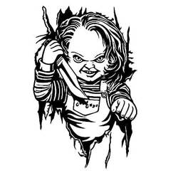 Malvorlage Chucky durchbricht zerrissenen Hintergrund mit Messer