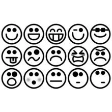 Malvorlage Smiley mit fünfzehn verschiedenen Gesichtsausdrücken