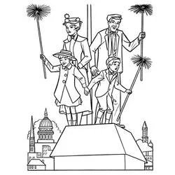 Malvorlage Mary Poppins mit den Schornsteinfegern auf einem Dach