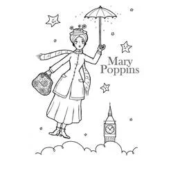 Malvorlage Mary Poppins mit Teppichtasche über Big Ben