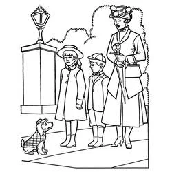 Malvorlage Mary Poppins spaziert mit den Kindern und ihrem Hund