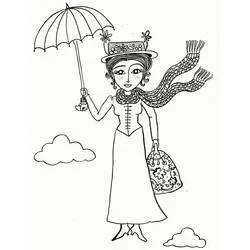 Malvorlage Mary Poppins mit langem Schal und Blumentasche