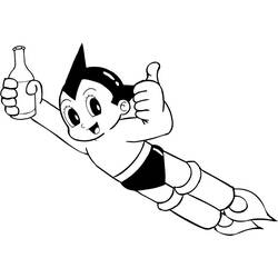 Malvorlage Astro Boy fliegt mit einer Flasche und Daumen hoch