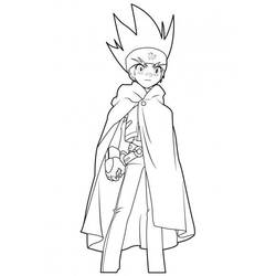 Malvorlage Beyblade Junge mit Umhang und Starter