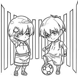 Malvorlage Blue Lock Chibi Teamkollegen mit einem Fußball