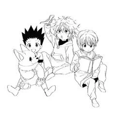 Malvorlage Gon, Killua und Kurapika sitzen zusammen