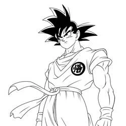 Malvorlage Son-Goku steht mit ernstem Ausdruck