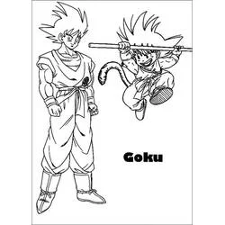 Malvorlage Son-Goku steht neben dem jungen Son-Goku mit Stab