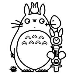 Malvorlage Totoro mit kleiner Kreatur auf dem Kopf und gestapelten Freunden
