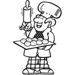 Malvorlage Bäcker mit einem Tablett voller Brötchen