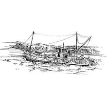 Malvorlage Fischer traditionelles Boot auf dem Wasser