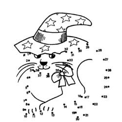 Malvorlage Zauberer katze mit sternenhut zum punkte verbinden