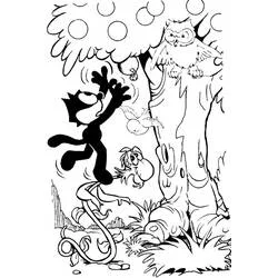 Malvorlage Felix der Kater spielt neben einem Baum mit einer Eule