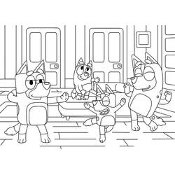 Malvorlage Bluey tanzt mit der Familie im Flur