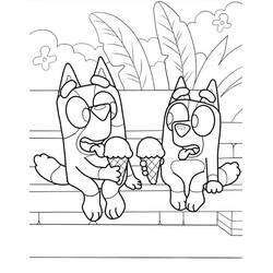 Malvorlage Bluey und Bingo essen Eis auf der Treppe