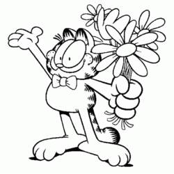 Malvorlage Garfield mit einem Blumenstrauß