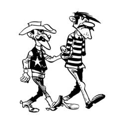 Malvorlage Lucky Luke führt einen gefesselten Dalton-Bruder