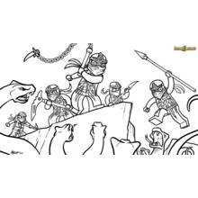 Malvorlage Ninjago Krieger kämpfen gegen Schlangen auf einem Felsen