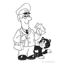 Malvorlage Postman Pat hält einen Brief neben seiner Katze