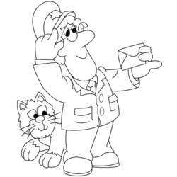 Malvorlage Postman Pat hält einen Brief mit seiner Katze