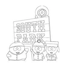 Malvorlage Eric Cartman und Freunde vor dem South-Park-Schild