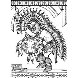 Malvorlage Indianerhäuptling tanzt mit Federkopfschmuck