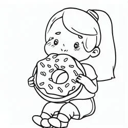 Malvorlage Mädchen isst einen riesigen Donut