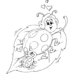 Malvorlage Mama Marienkäfer und ihr Baby auf einem Blatt