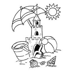 Malvorlage Sandburg mit Sonnenschirm und Strandspielzeug