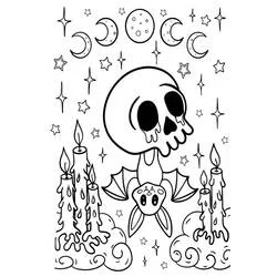Malvorlage Halloween Fledermaus mit Totenkopf und Kerzen