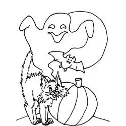 Malvorlage Halloween Katze mit Gespenst, Fledermaus und Kürbis
