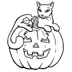 Malvorlage Halloween Katze liegt auf einem Kürbis