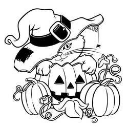 Malvorlage Halloween Katze hinter einem Kürbis
