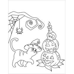Malvorlage Halloween Katze spaziert an den Kürbissen vorbei