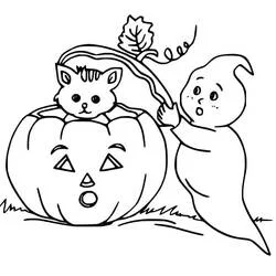 Malvorlage Halloween Katze in einem Kürbis mit einem Gespenst