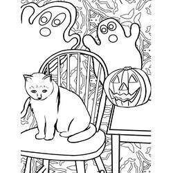 Malvorlage Halloween Katze sitzt auf einem Stuhl mit Gespenstern