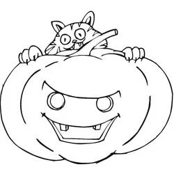 Malvorlage Halloween Katze schaut hinter einem großen Kürbis hervor