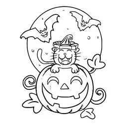 Malvorlage Halloween Katze auf einem lachenden Kürbis