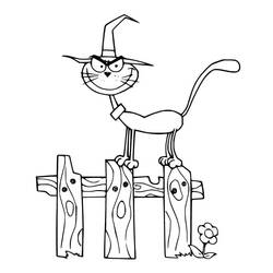 Malvorlage Halloween Katze steht auf einem Holzzaun