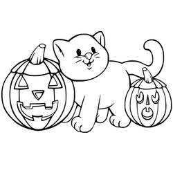 Malvorlage Halloween Katze zwischen zwei Kürbislaternen