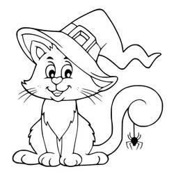 Malvorlage Halloween Katze mit Hexenhut und einer Spinne