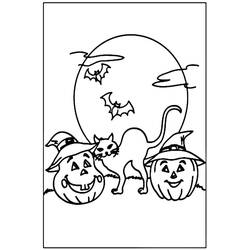 Malvorlage Halloween Katze zwischen Kürbissen unter dem Vollmond