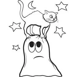 Malvorlage Halloween Katze auf einem Gespenst