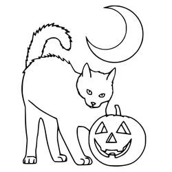 Malvorlage Halloween Katze mit gekrümmtem Rücken neben einem Kürbis