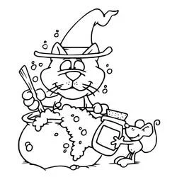 Malvorlage Halloween Katze braut einen sprudelnden Trank mit einer Maus