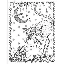 Malvorlage Halloween Katze kauert auf einem Grabstein