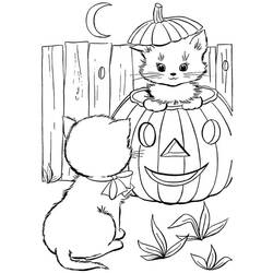 Malvorlage Halloween Katze schaut aus einem geschnitzten Kürbis
