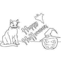 Malvorlage Halloween Katze sitzt neben Kürbis und Geist