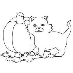Malvorlage Halloween Katze neben einem Kürbis