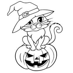 Malvorlage Halloween Katze mit Hexenhut auf einem Kürbis